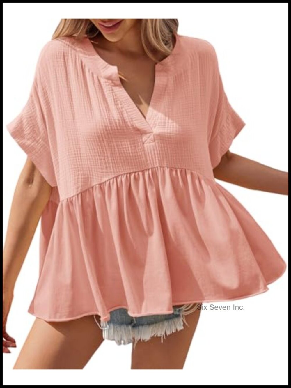 Womens Peplum Babydoll Top Short Sleeve V Neck Pleated Flowy Blouse